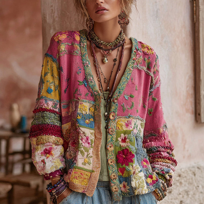 Femme Cardigan Bohème Floral avec Col en V et Motif Patchwork