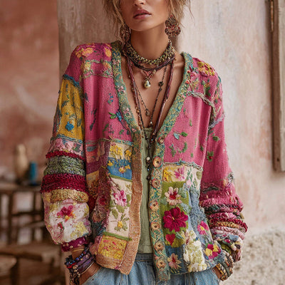 Femme Cardigan Bohème Floral avec Col en V et Motif Patchwork