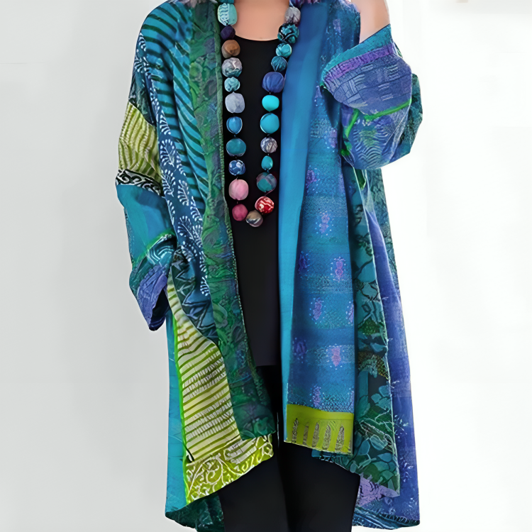 Femme Cardigan Bohème Oversize à Imprimé Patchwork et Manches Longues