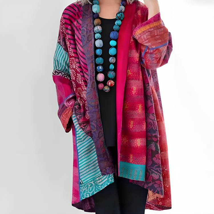 Femme Cardigan Bohème Oversize à Imprimé Patchwork et Manches Longues
