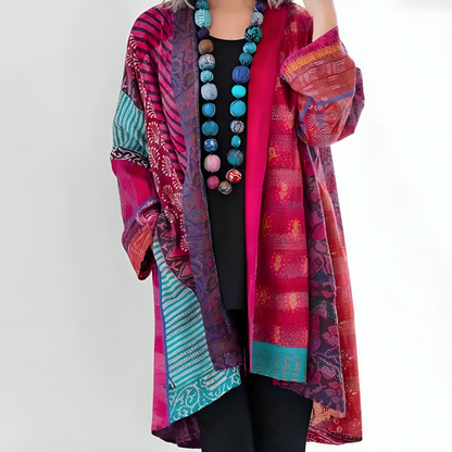Femme Cardigan Bohème Oversize à Imprimé Patchwork et Manches Longues