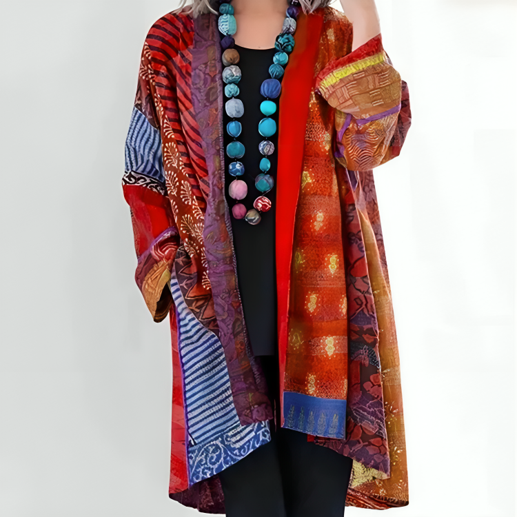 Femme Cardigan Bohème Oversize à Imprimé Patchwork et Manches Longues