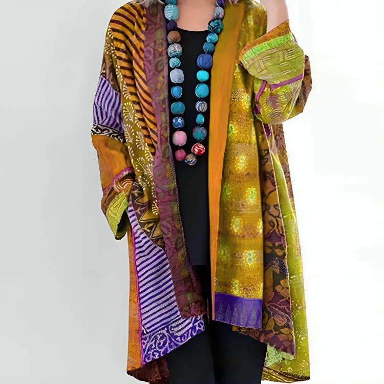 Femme Cardigan Bohème Oversize à Imprimé Patchwork et Manches Longues