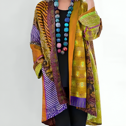 Femme Cardigan Bohème Oversize à Imprimé Patchwork et Manches Longues
