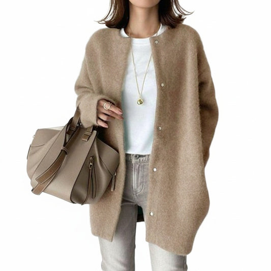 Femme Cardigan Long Oversize col Rond à Boutons Pression