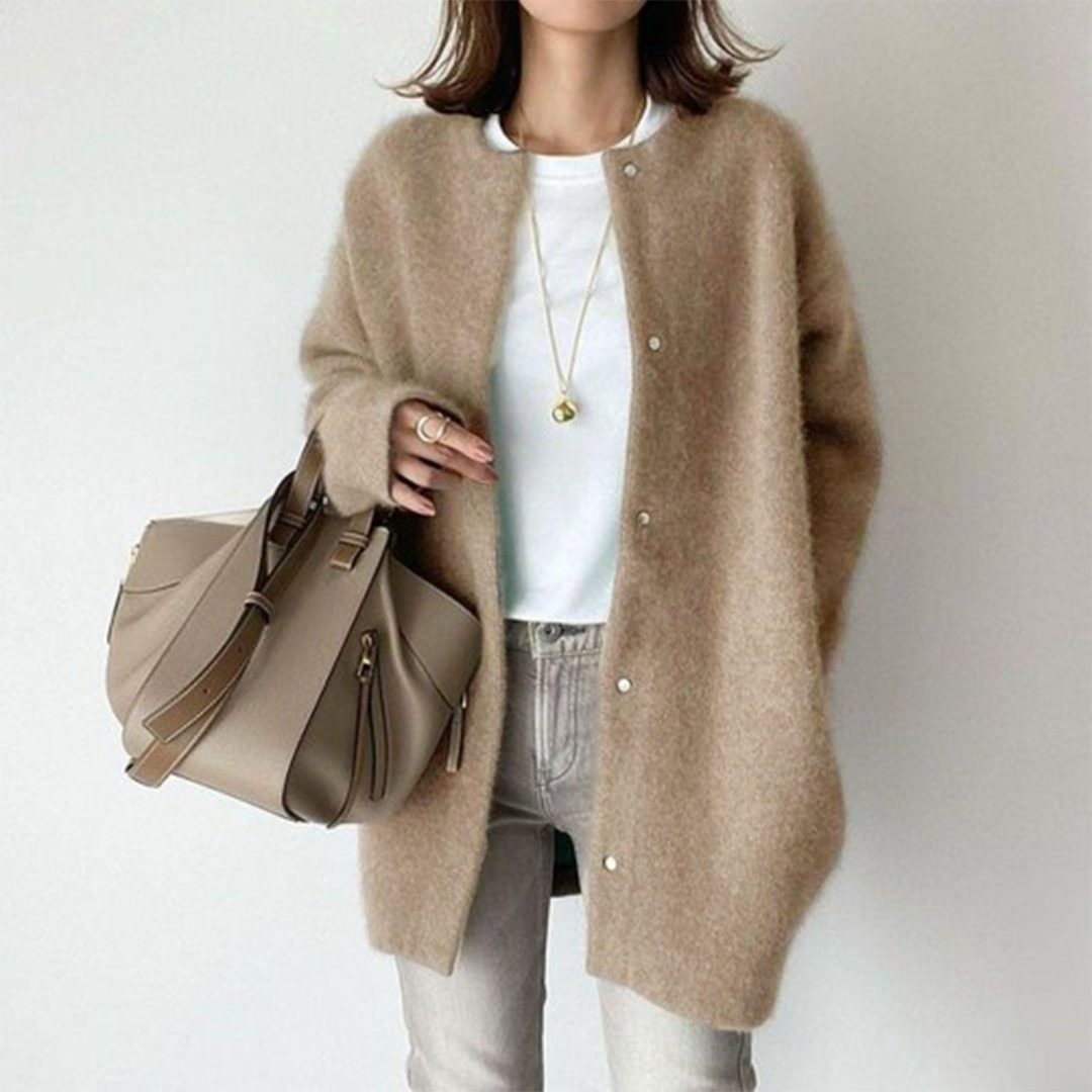 Femme Cardigan Long Oversize col Rond à Boutons Pression