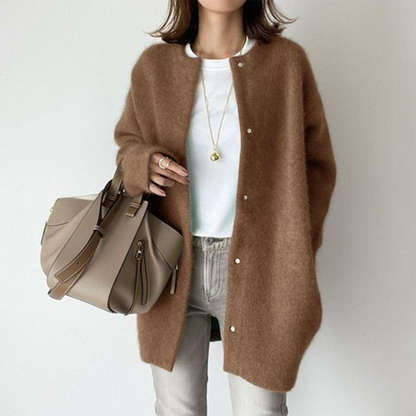 Femme Cardigan Long Oversize col Rond à Boutons Pression
