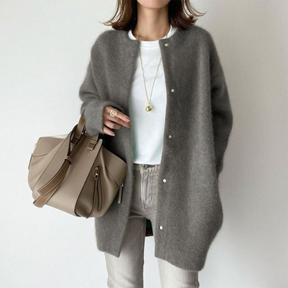 Femme Cardigan Long Oversize col Rond à Boutons Pression