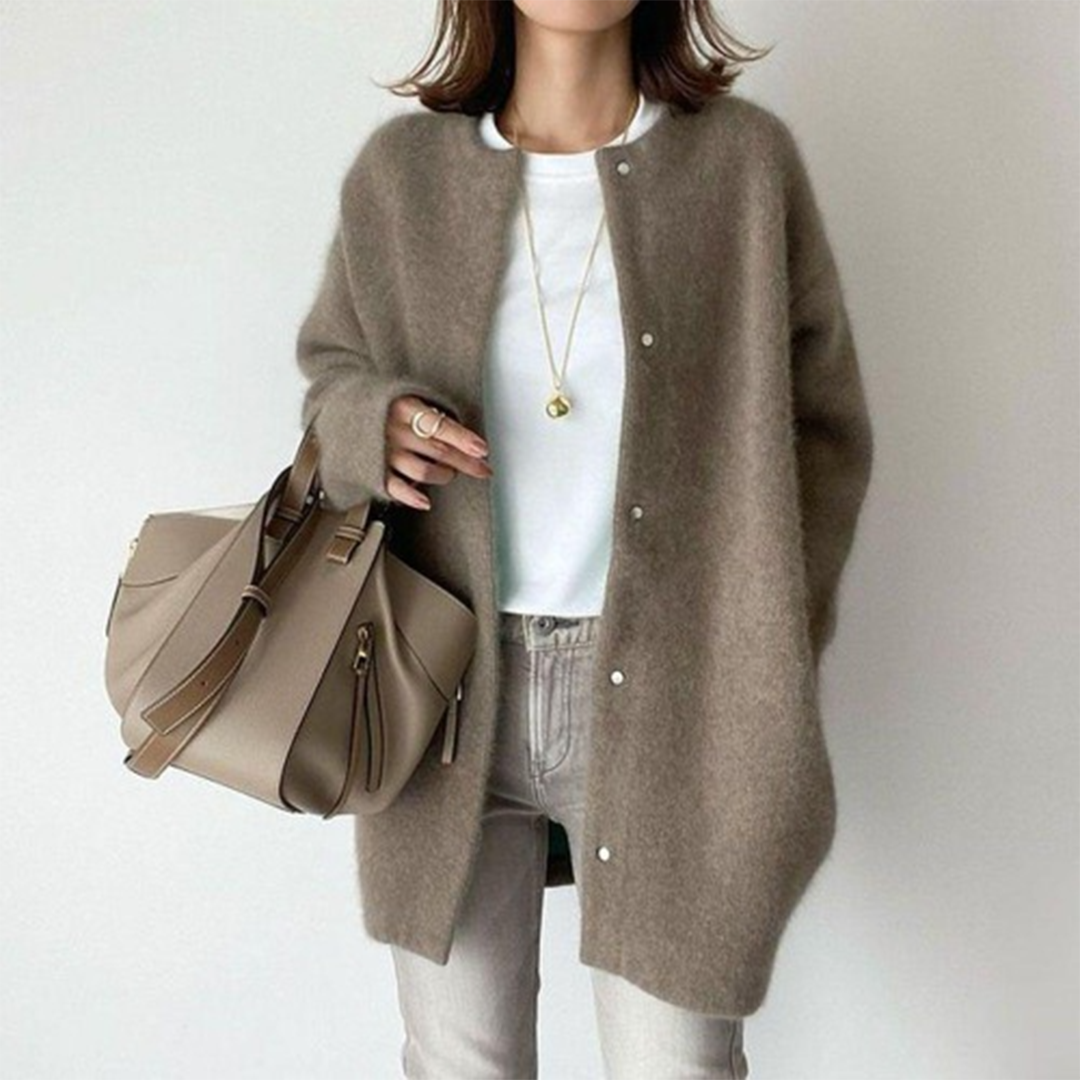Femme Cardigan Long Oversize col Rond à Boutons Pression
