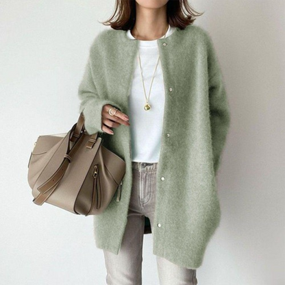 Femme Cardigan Long Oversize col Rond à Boutons Pression