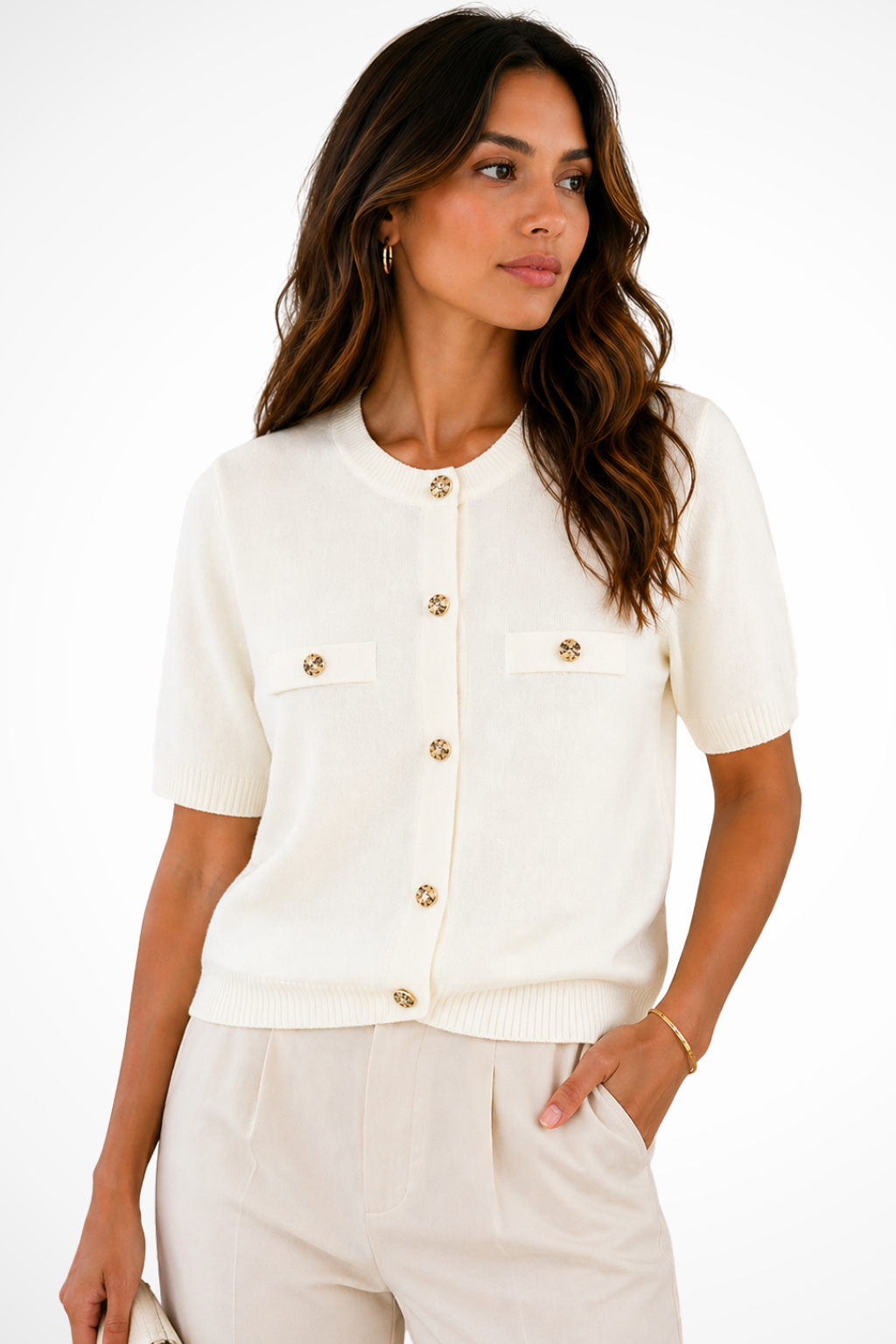 Femme Cardigan Manches Courtes Col Rond avec Boutons Dorés et Poches