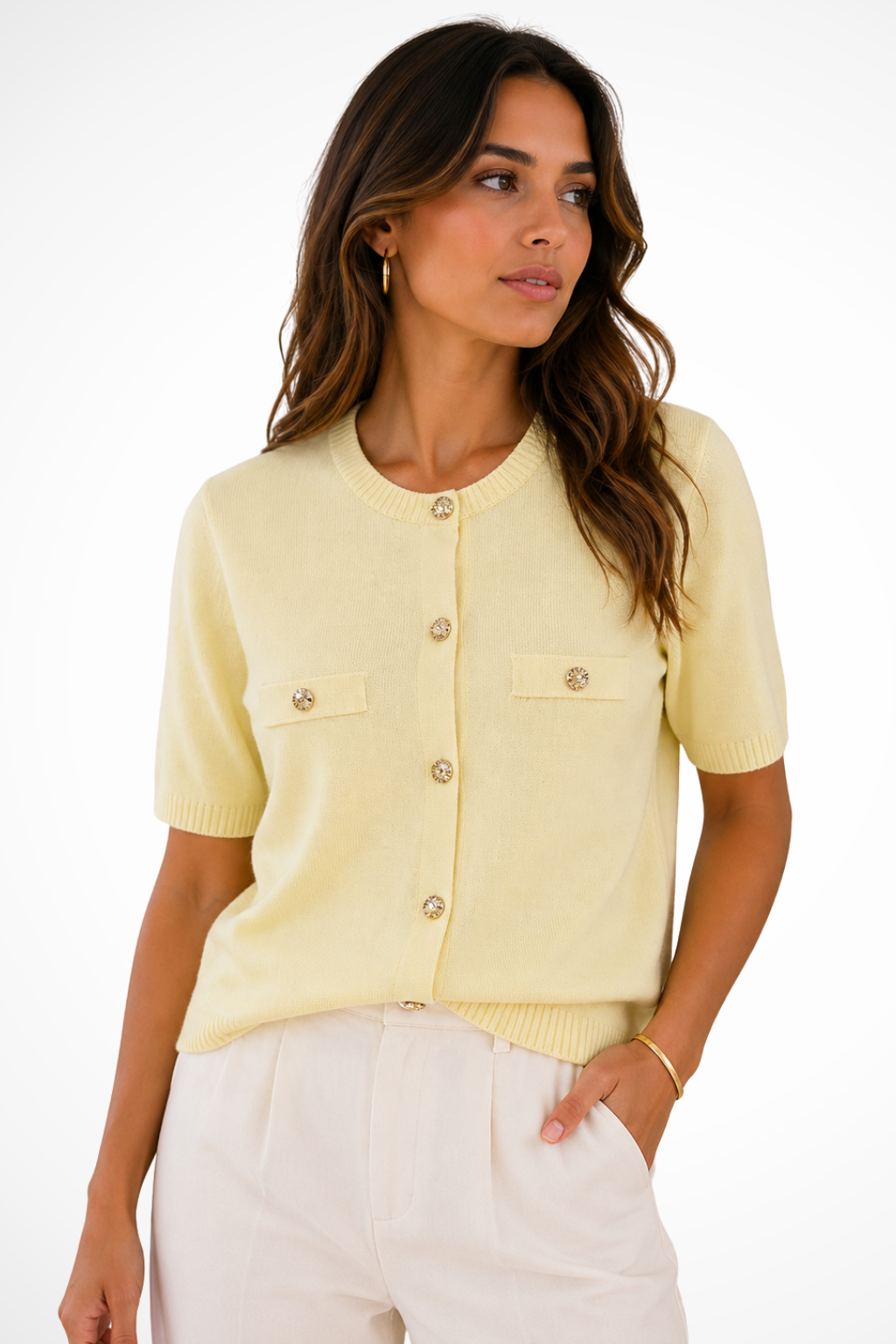 Femme Cardigan Manches Courtes Col Rond avec Boutons Dorés et Poches