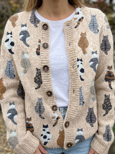 Femme Cardigan Manches Longues Col Rond avec Imprimé Chats et Boutons
