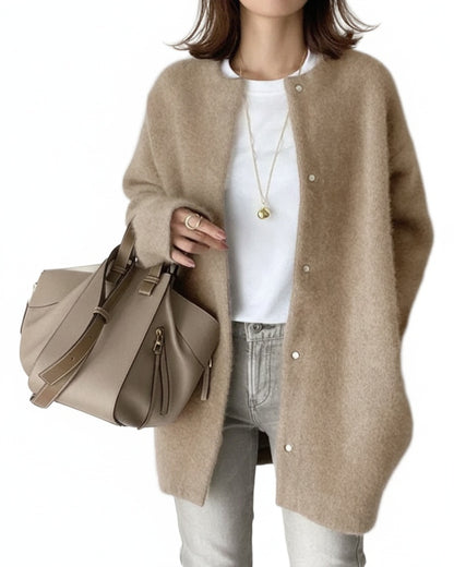Femme Cardigan Oversize Longue Manche avec Boutons-Pression col Rond