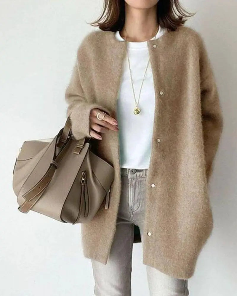 Femme Cardigan Oversize Longue Manche avec Boutons-Pression col Rond