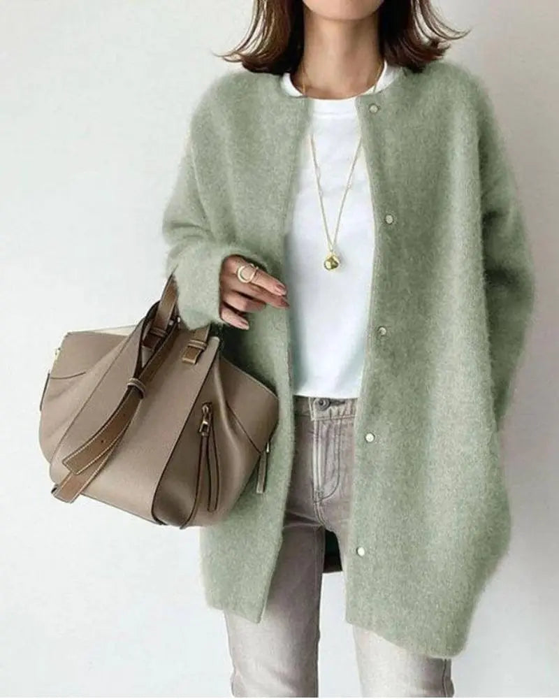 Femme Cardigan Oversize Longue Manche avec Boutons-Pression col Rond