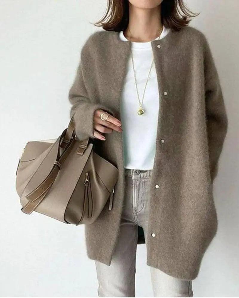 Femme Cardigan Oversize Longue Manche avec Boutons-Pression col Rond