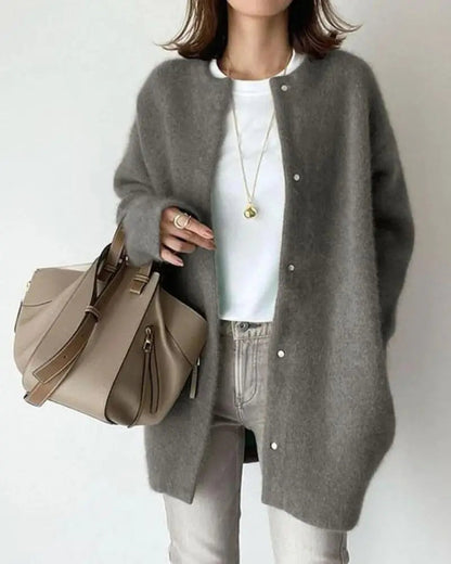 Femme Cardigan Oversize Longue Manche avec Boutons-Pression col Rond