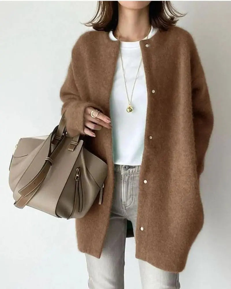 Femme Cardigan Oversize Longue Manche avec Boutons-Pression col Rond