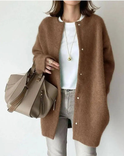 Femme Cardigan Oversize Longue Manche avec Boutons-Pression col Rond