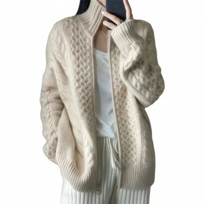 Femme Cardigan Torsadé avec Col Montant et Fermeture Éclair