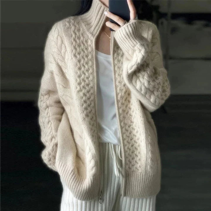 Femme Cardigan Torsadé avec Col Montant et Fermeture Éclair