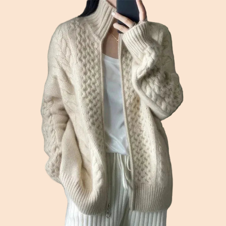 Femme Cardigan Torsadé avec Col Montant et Fermeture Éclair