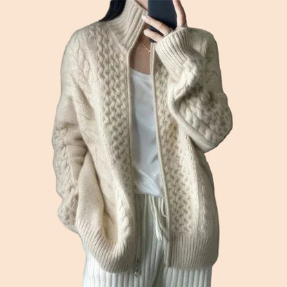 Femme Cardigan Torsadé avec Col Montant et Fermeture Éclair