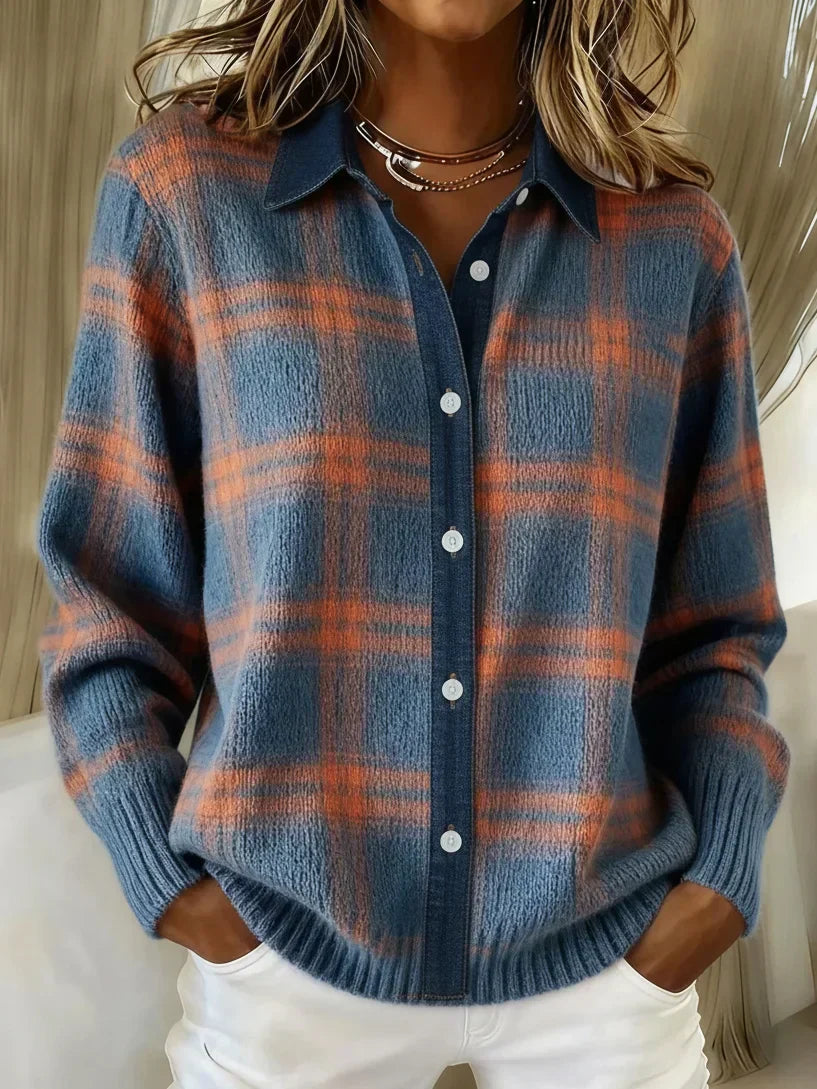 Femme Chemise Cardigan à Carreaux Manches Longues avec Col Chemisier et Boutons
