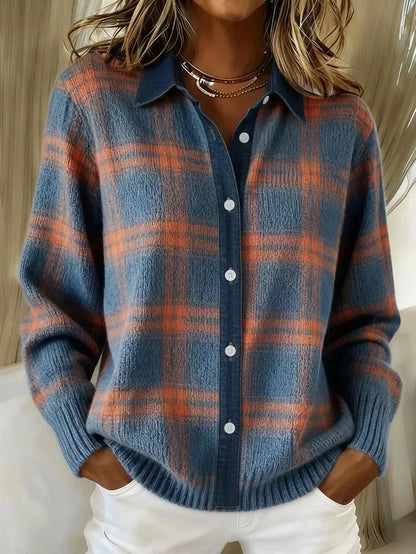 Femme Chemise Cardigan à Carreaux Manches Longues avec Col Chemisier et Boutons