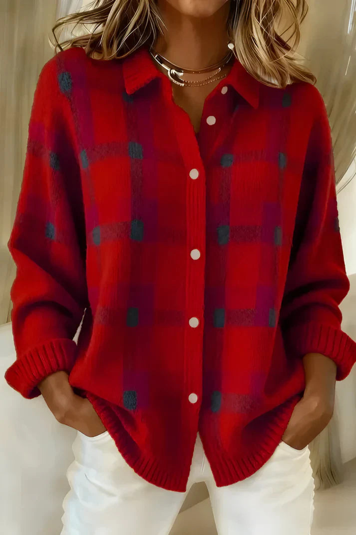 Femme Chemise Cardigan à Carreaux Manches Longues avec Col Chemisier et Boutons