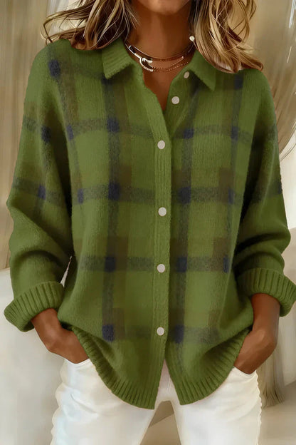 Femme Chemise Cardigan à Carreaux Manches Longues avec Col Chemisier et Boutons