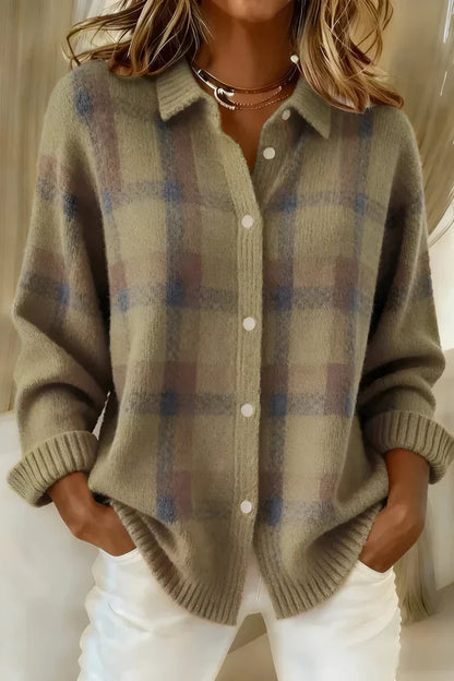 Femme Chemise Cardigan à Carreaux Manches Longues avec Col Chemisier et Boutons