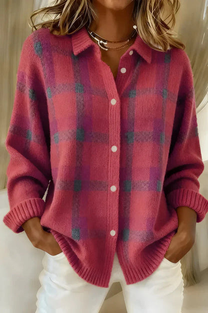 Femme Chemise Cardigan à Carreaux Manches Longues avec Col Chemisier et Boutons