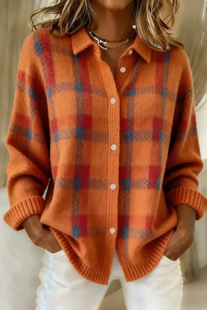 Femme Chemise Cardigan à Carreaux Manches Longues avec Col Chemisier et Boutons