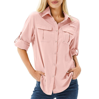 Femme Chemise de Randonnée Manches Longues Retroussables avec Poches Cargo