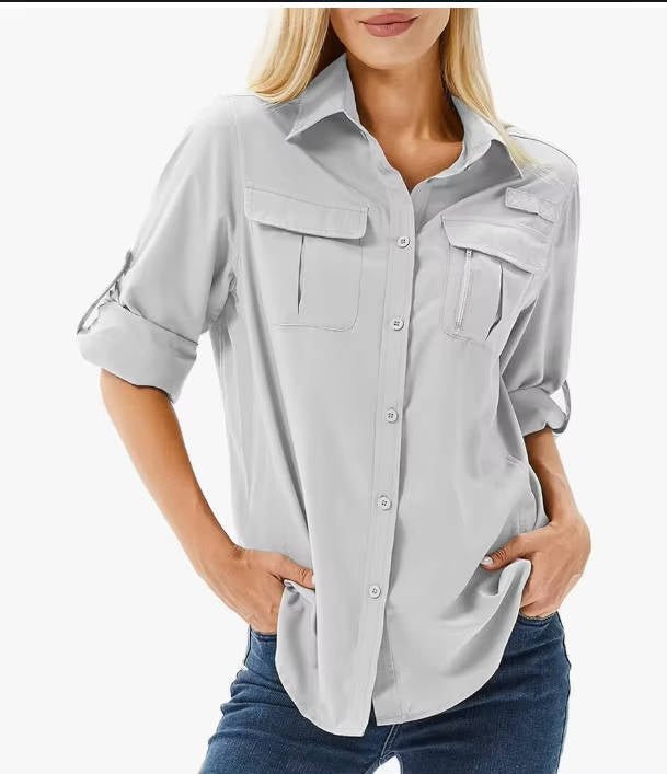 Femme Chemise de Randonnée Manches Longues Retroussables avec Poches Cargo