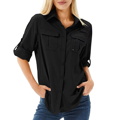 Femme Chemise de Randonnée Manches Longues Retroussables avec Poches Cargo