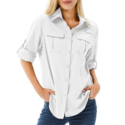 Femme Chemise de Randonnée Manches Longues Retroussables avec Poches Cargo