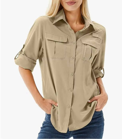 Femme Chemise de Randonnée Manches Longues Retroussables avec Poches Cargo