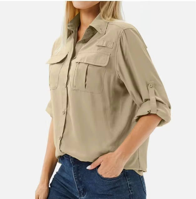 Femme Chemise de Randonnée Manches Longues Retroussables avec Poches Cargo