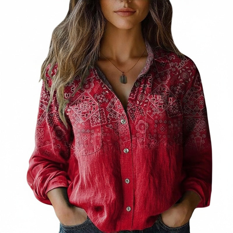 Femme Chemise Manches Longues à Imprimé Bohème avec Col Chemisier et Poches