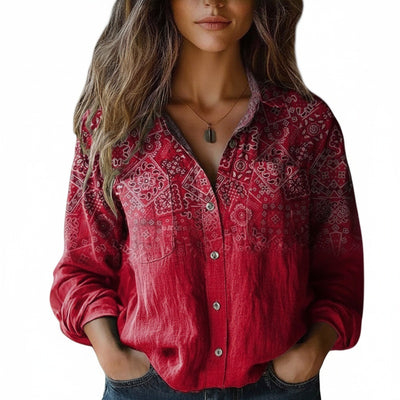 Femme Chemise Manches Longues Bohème à Imprimé avec Poches et Boutons