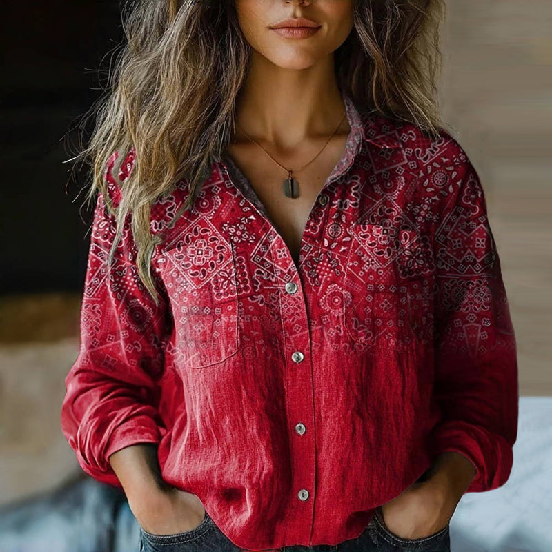Femme Chemise Manches Longues Bohème à Imprimé avec Poches et Boutons
