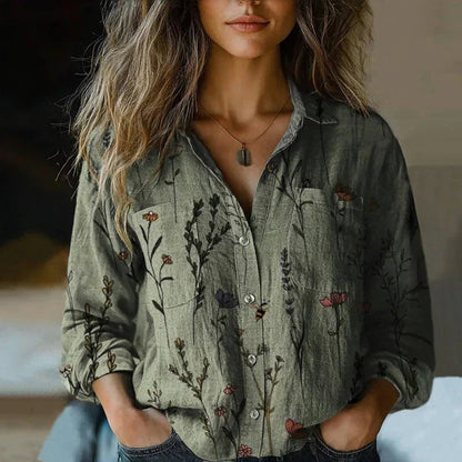 Femme Chemise Manches Longues Bohème à Imprimé avec Poches et Boutons
