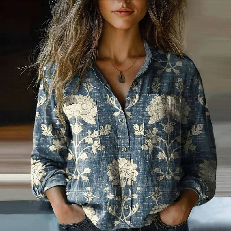 Femme Chemise Manches Longues Bohème à Imprimé avec Poches et Boutons