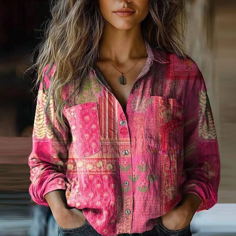 Femme Chemise Manches Longues Bohème à Imprimé avec Poches et Boutons