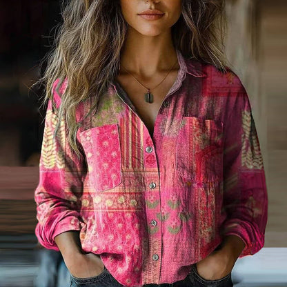 Femme Chemise Manches Longues Bohème à Imprimé avec Poches et Boutons