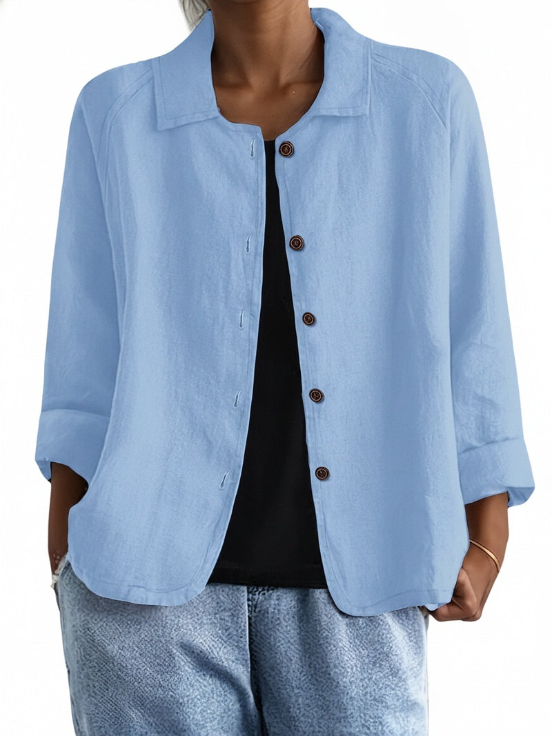 Femme Chemise Manches Trois-Quarts avec Col Classique et Fermeture Boutons