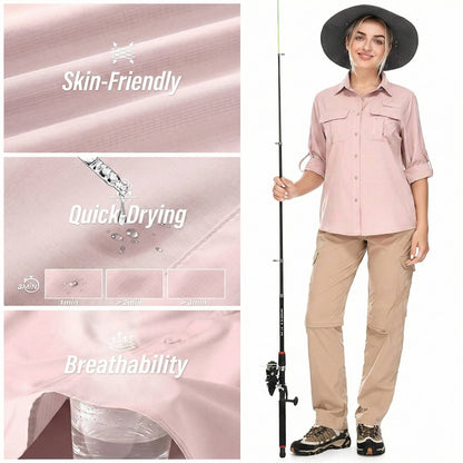 Femme Chemise Outdoor Manches Longues Convertibles avec Col Rabattable et Poches